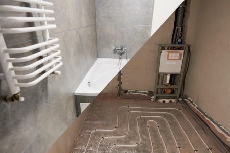 Comparison of old and new bathroom with underfloor heating pipes and heated towel rail. Modern apartment before and after refurbishment in vertical format. Concept of home renovation.
